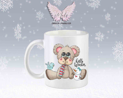 Tasse mit süßen Teddy Hello Winter– mit oder ohne Wunschname