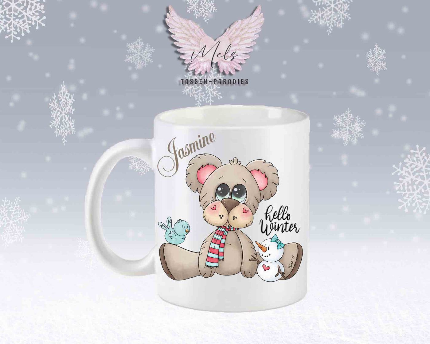 Tasse mit süßen Teddy Hello Winter– mit oder ohne Wunschname