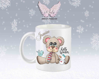 Tasse mit süßen Teddy Hello Winter– mit oder ohne Wunschname