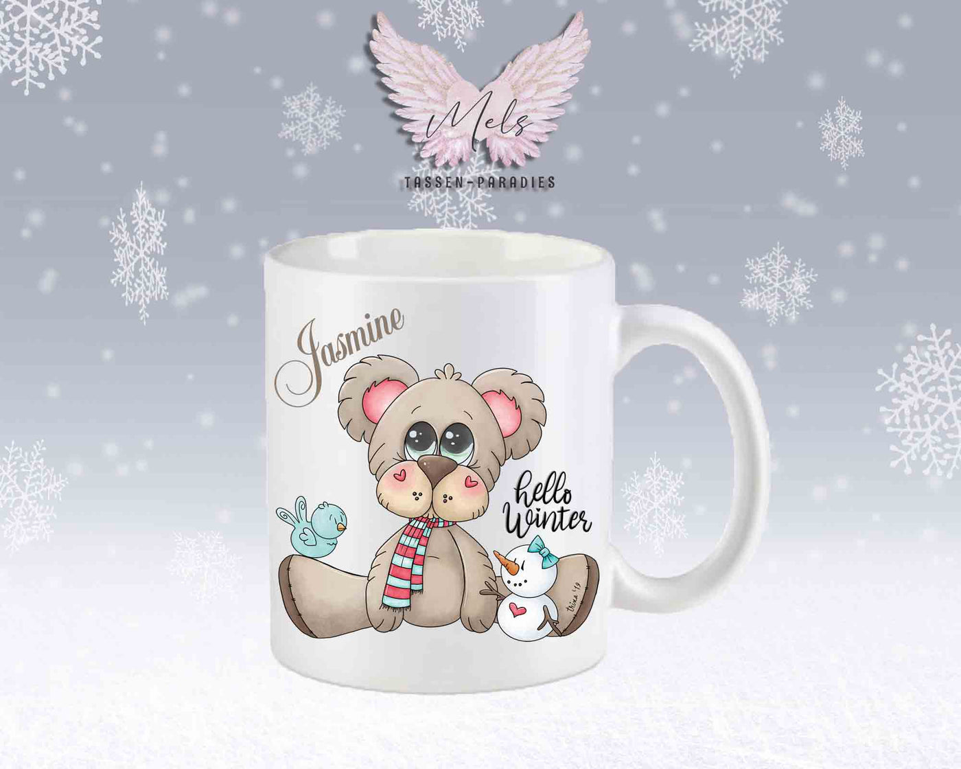 Tasse mit süßen Teddy Hello Winter– mit oder ohne Wunschname