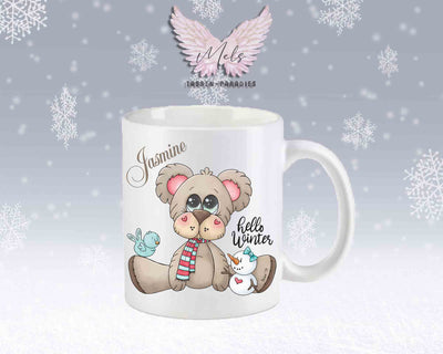 Tasse mit süßen Teddy Hello Winter– mit oder ohne Wunschname