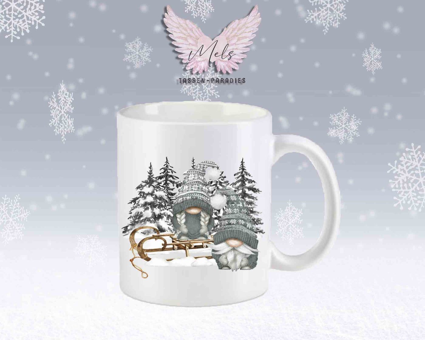 Tasse mit Wichtel und Schlitten – mit oder ohne Wunschname