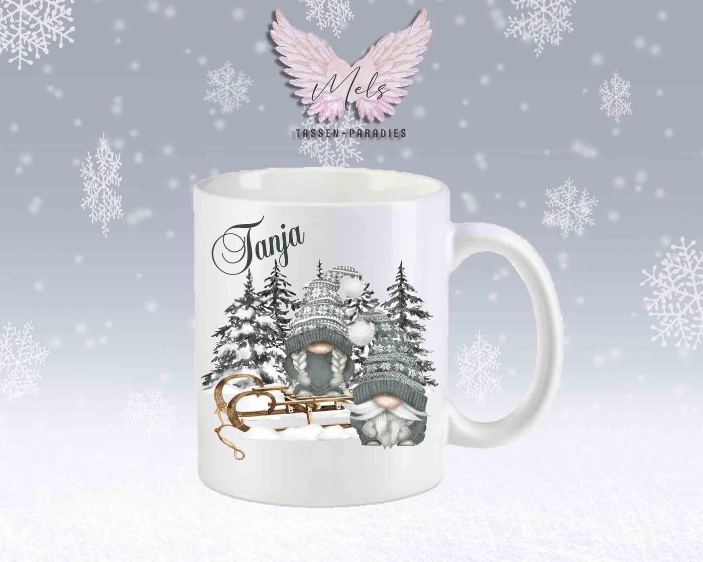 Tasse mit Wichtel und Schlitten – mit oder ohne Wunschname