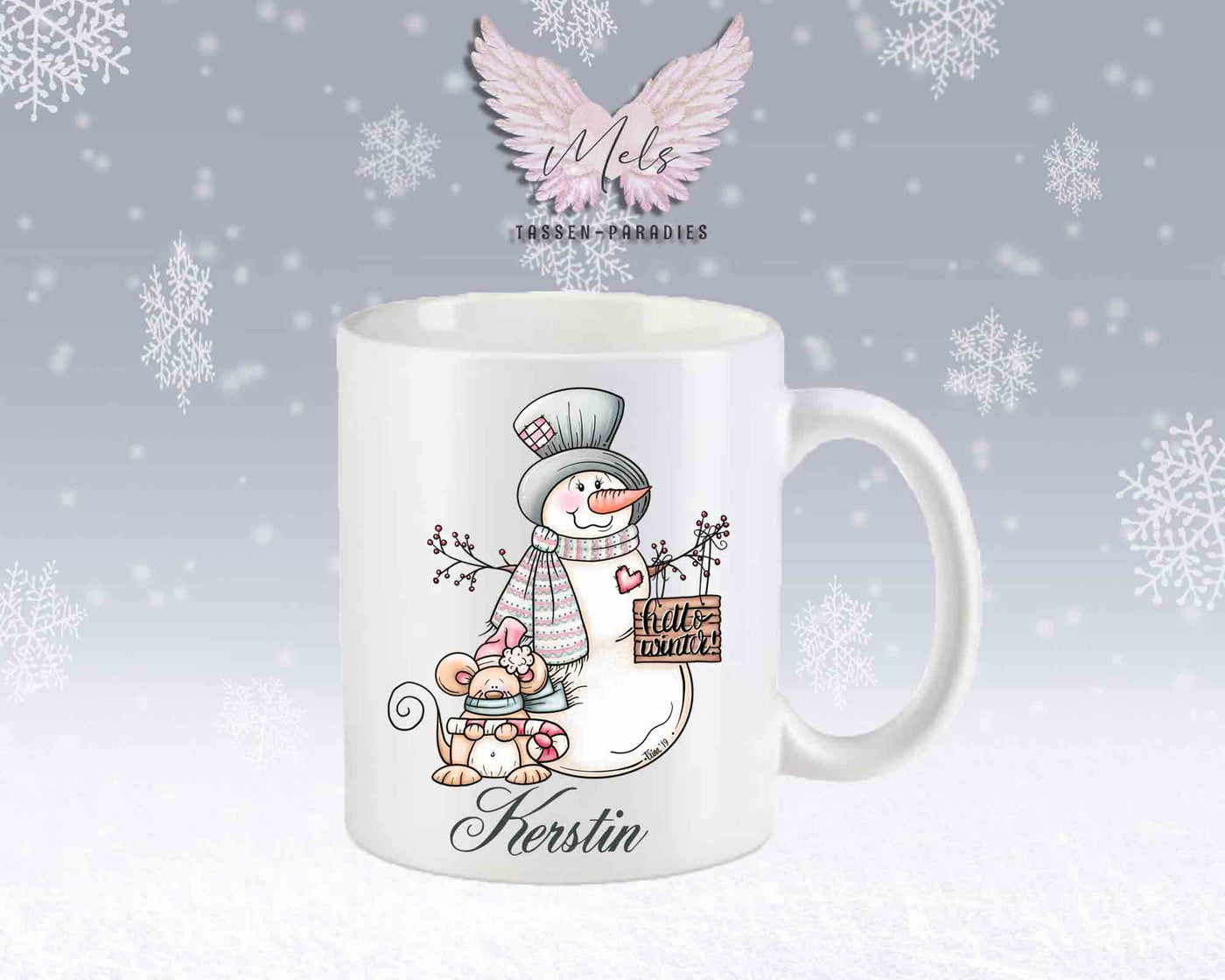 Tasse mit Schneemann und süßer Maus – mit oder ohne Wunschname