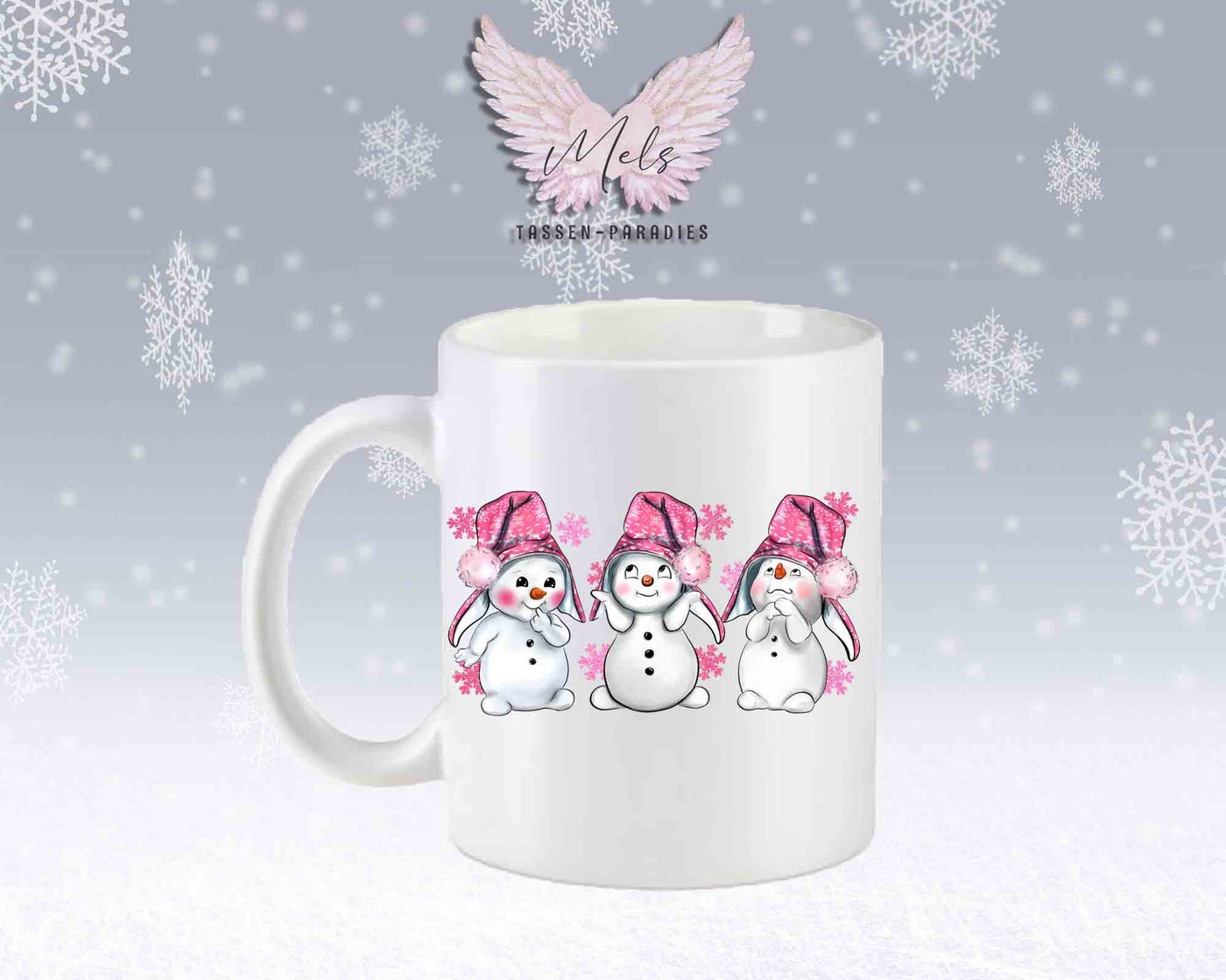Tasse mit süßen Schneemänner mit rosa Mütze– mit oder ohne Wunschname