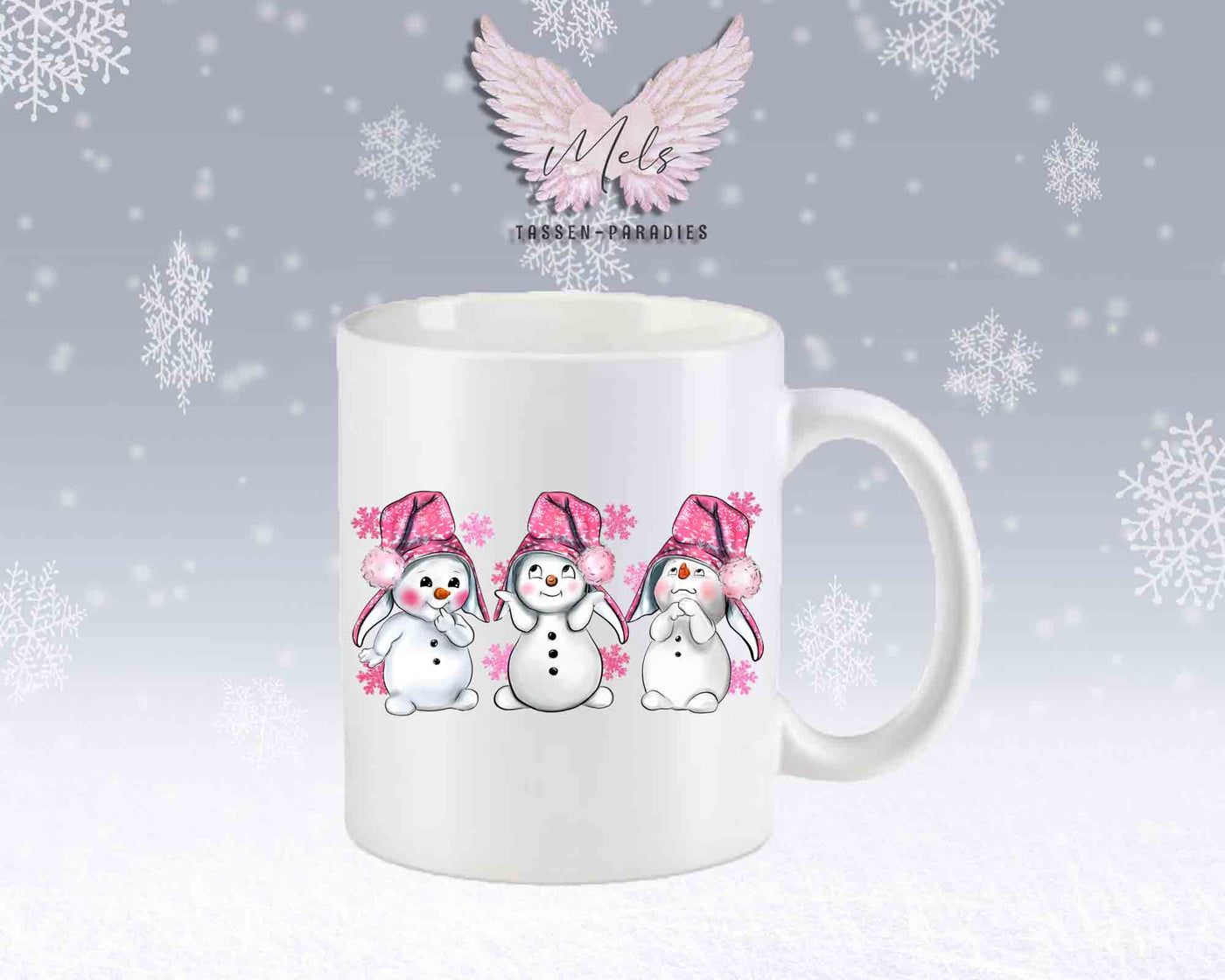 Tasse mit süßen Schneemänner mit rosa Mütze– mit oder ohne Wunschname