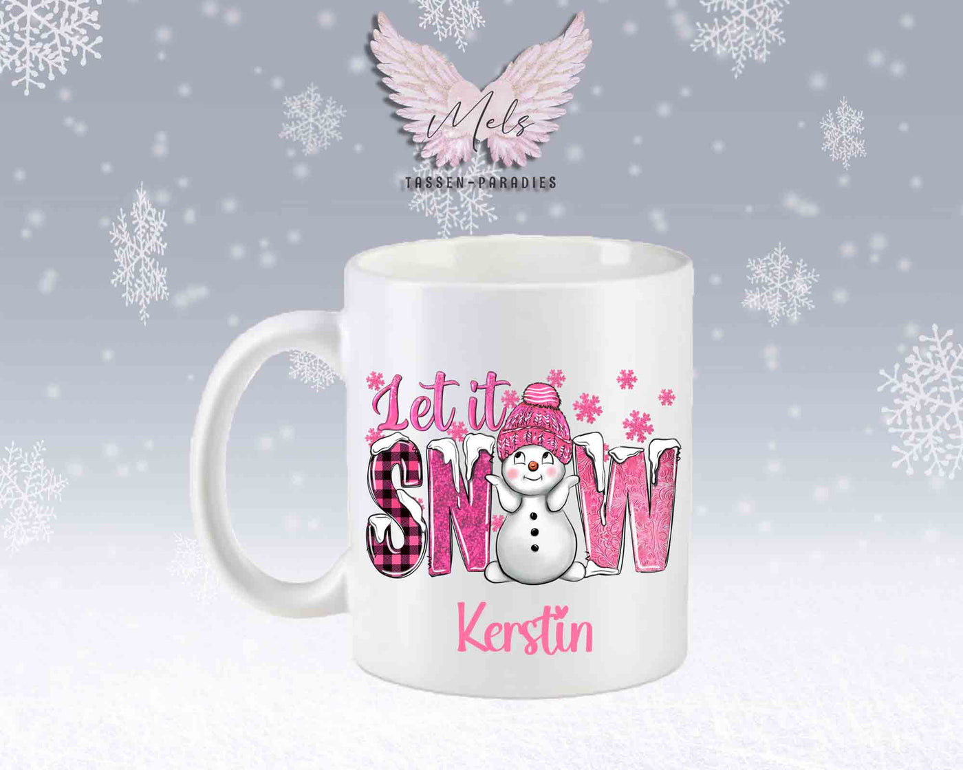 Tasse mit süßen Schneemann Lets Snow Rosa– mit oder ohne Wunschname