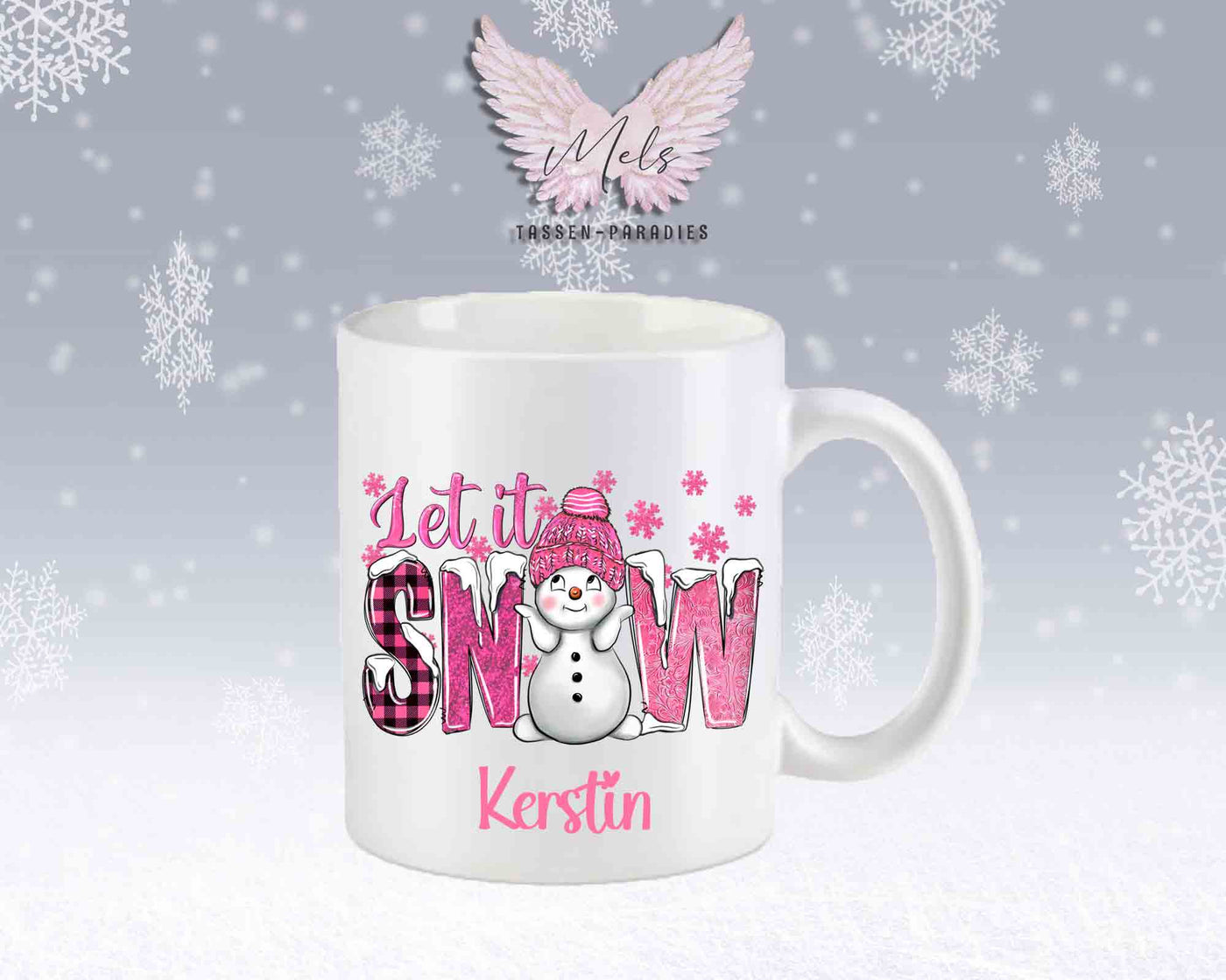 Tasse mit süßen Schneemann Lets Snow Rosa– mit oder ohne Wunschname
