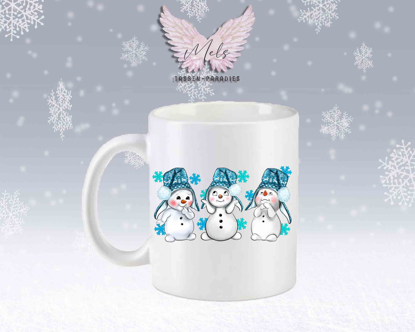Tasse mit süßen Schneemänner mit blauer Mütze mit oder ohne Wunschname