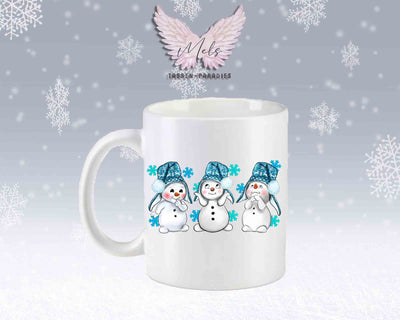 Tasse mit süßen Schneemänner mit blauer Mütze mit oder ohne Wunschname