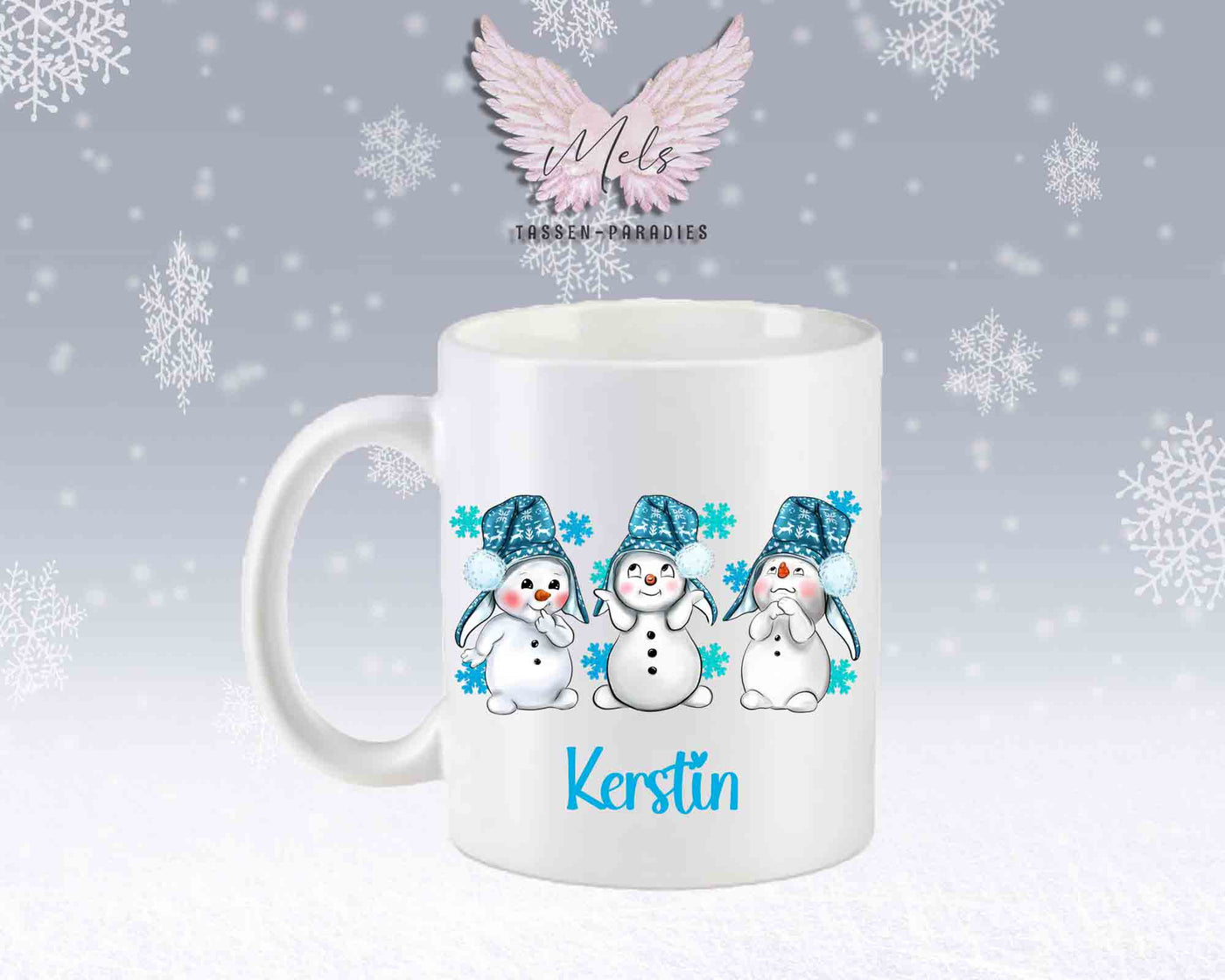 Tasse mit süßen Schneemänner mit blauer Mütze mit oder ohne Wunschname