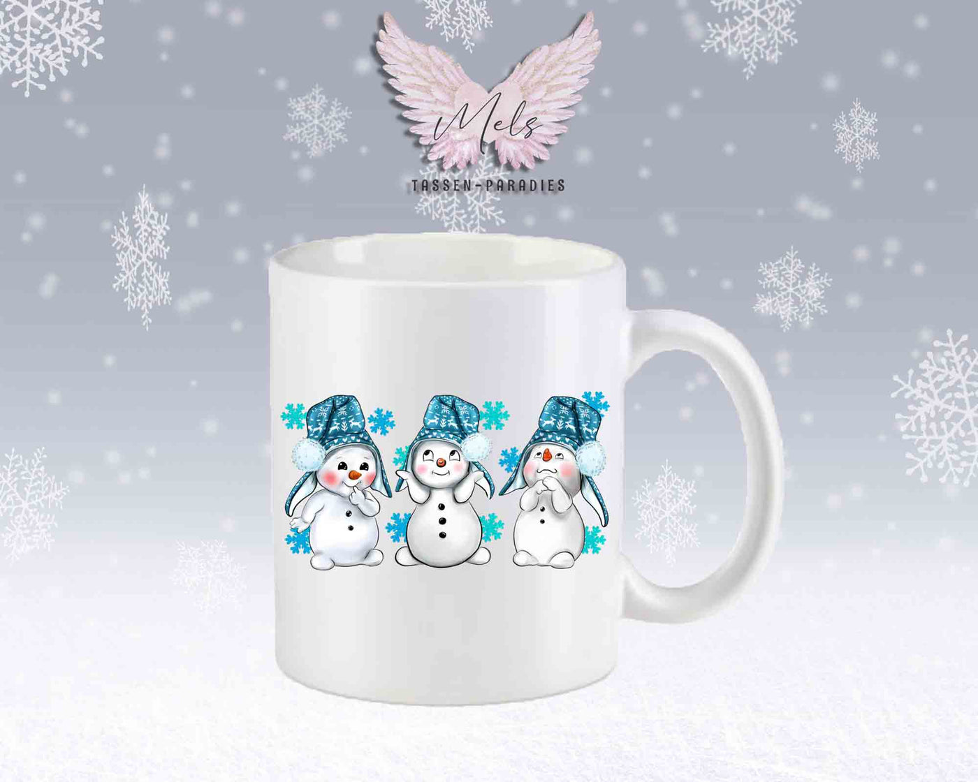 Tasse mit süßen Schneemänner mit blauer Mütze mit oder ohne Wunschname