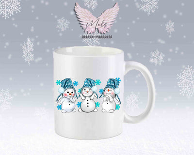 Tasse mit süßen Schneemänner mit blauer Mütze mit oder ohne Wunschname