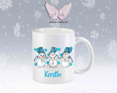 Tasse mit süßen Schneemänner mit blauer Mütze mit oder ohne Wunschname