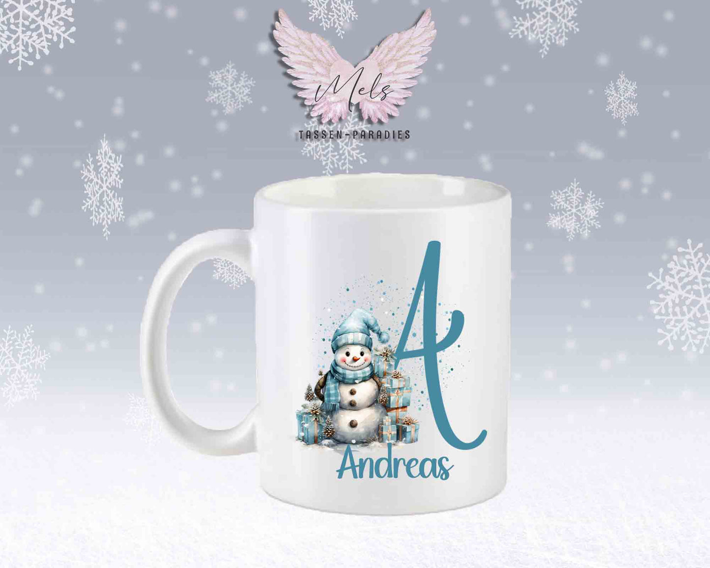 Schneemann Türkis-Alphabet mit Name - Personalisierte Keramik-Tasse Weiß-Matt