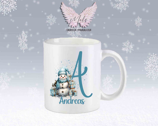 Schneemann Türkis-Alphabet mit Name - Personalisierte Keramik-Tasse Weiß-Matt