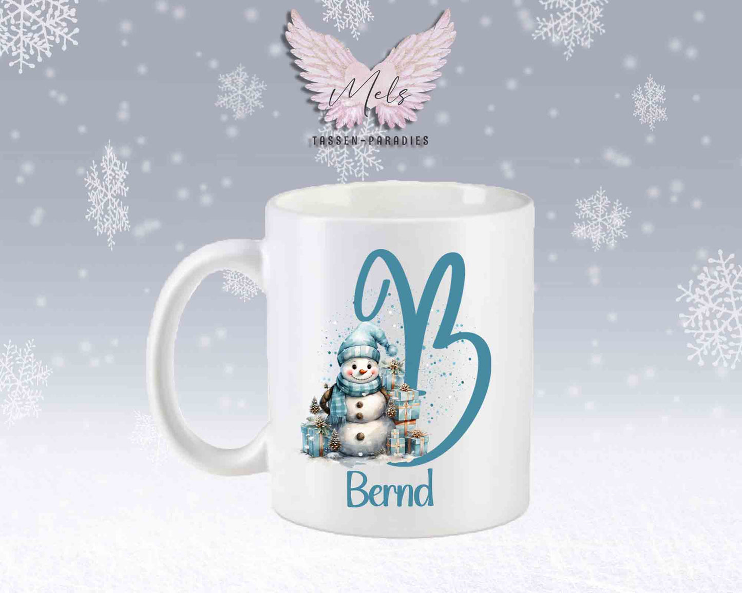 Schneemann Türkis-Alphabet mit Name - Personalisierte Keramik-Tasse Weiß-Matt