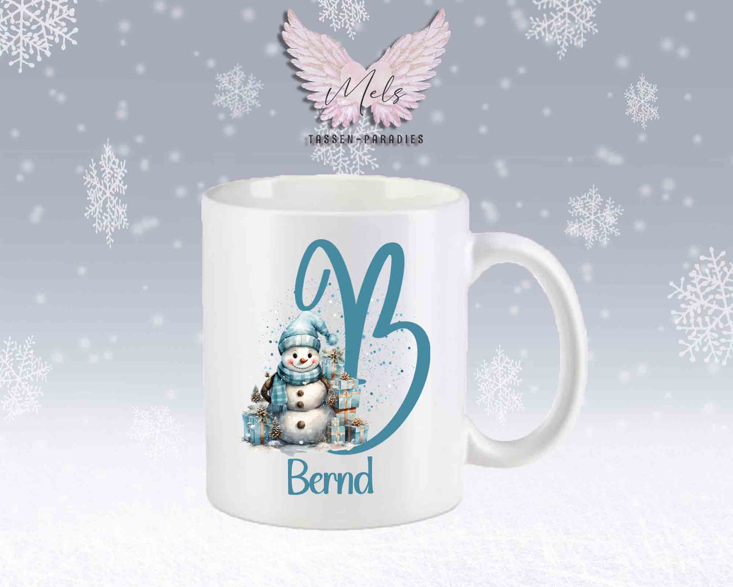 Schneemann Türkis-Alphabet mit Name - Personalisierte Keramik-Tasse Weiß-Matt