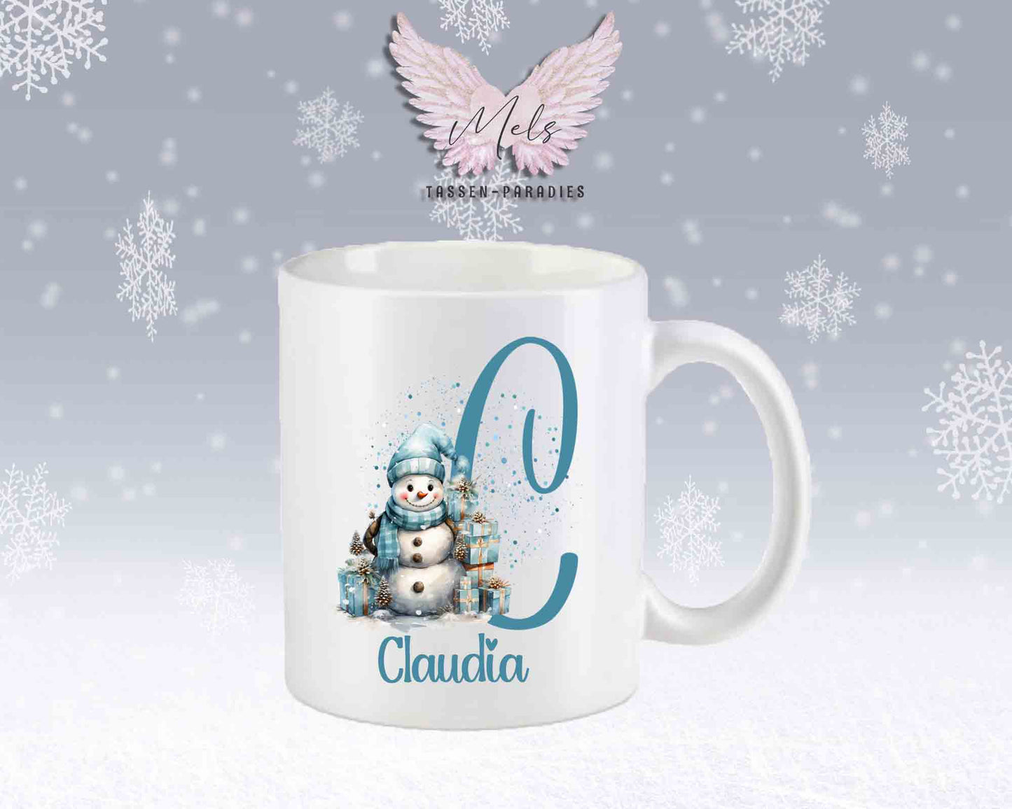 Schneemann Türkis-Alphabet mit Name - Personalisierte Keramik-Tasse Weiß-Matt