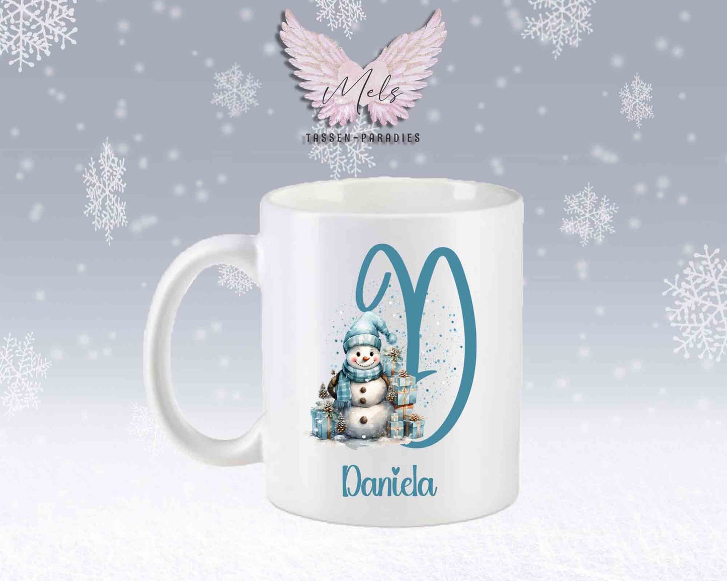 Schneemann Türkis-Alphabet mit Name - Personalisierte Keramik-Tasse Weiß-Matt