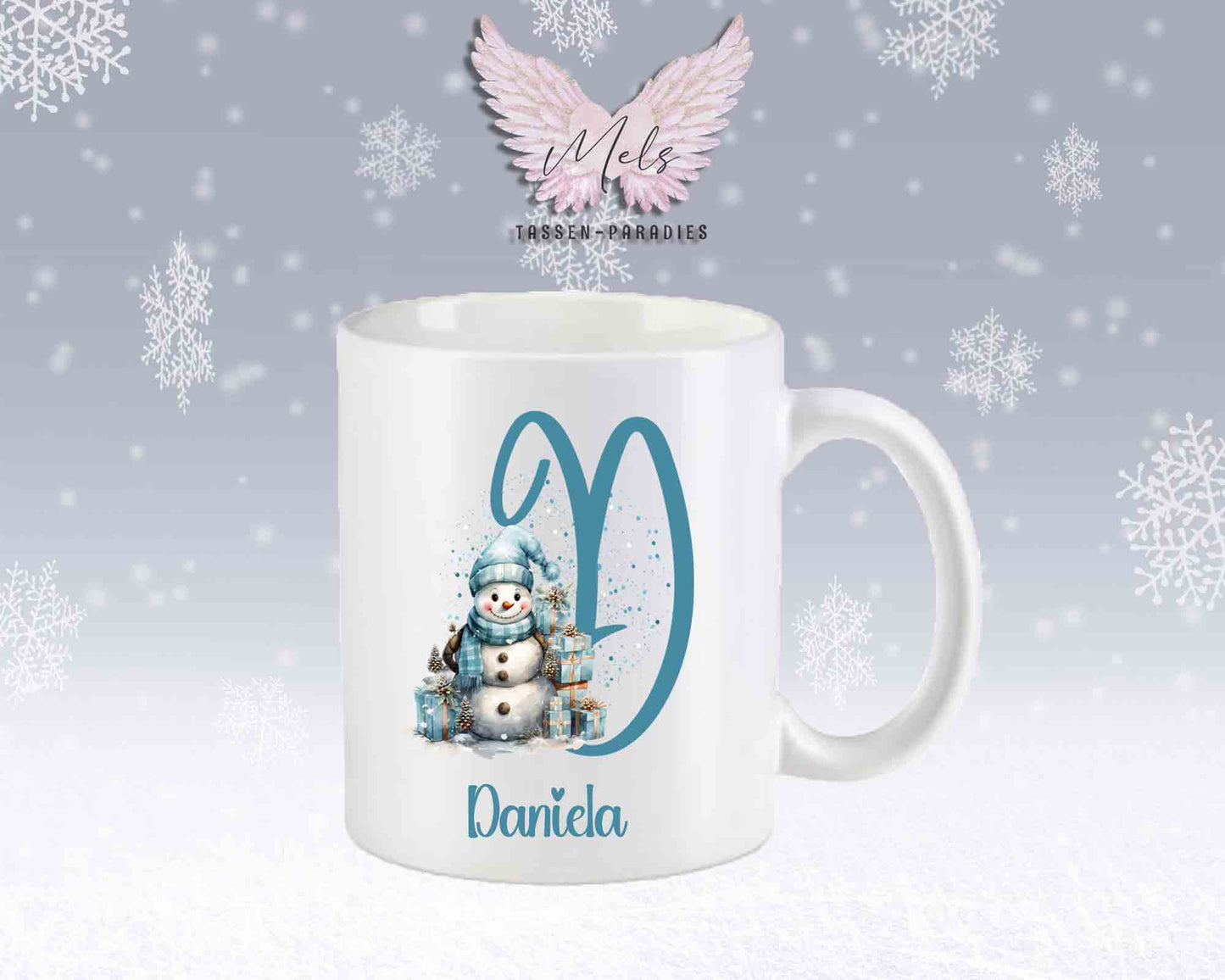 Schneemann Türkis-Alphabet mit Name - Personalisierte Keramik-Tasse Weiß-Matt