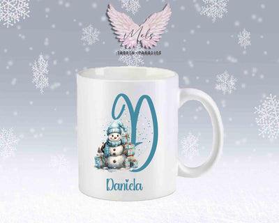 Schneemann Türkis-Alphabet mit Name - Personalisierte Keramik-Tasse Weiß-Matt