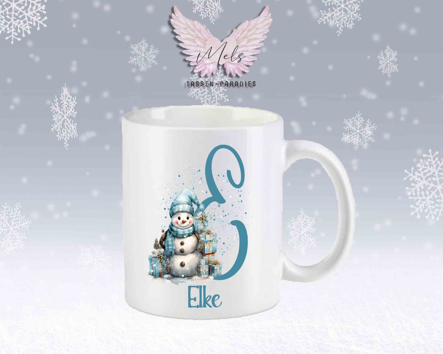 Schneemann Türkis-Alphabet mit Name - Personalisierte Keramik-Tasse Weiß-Matt