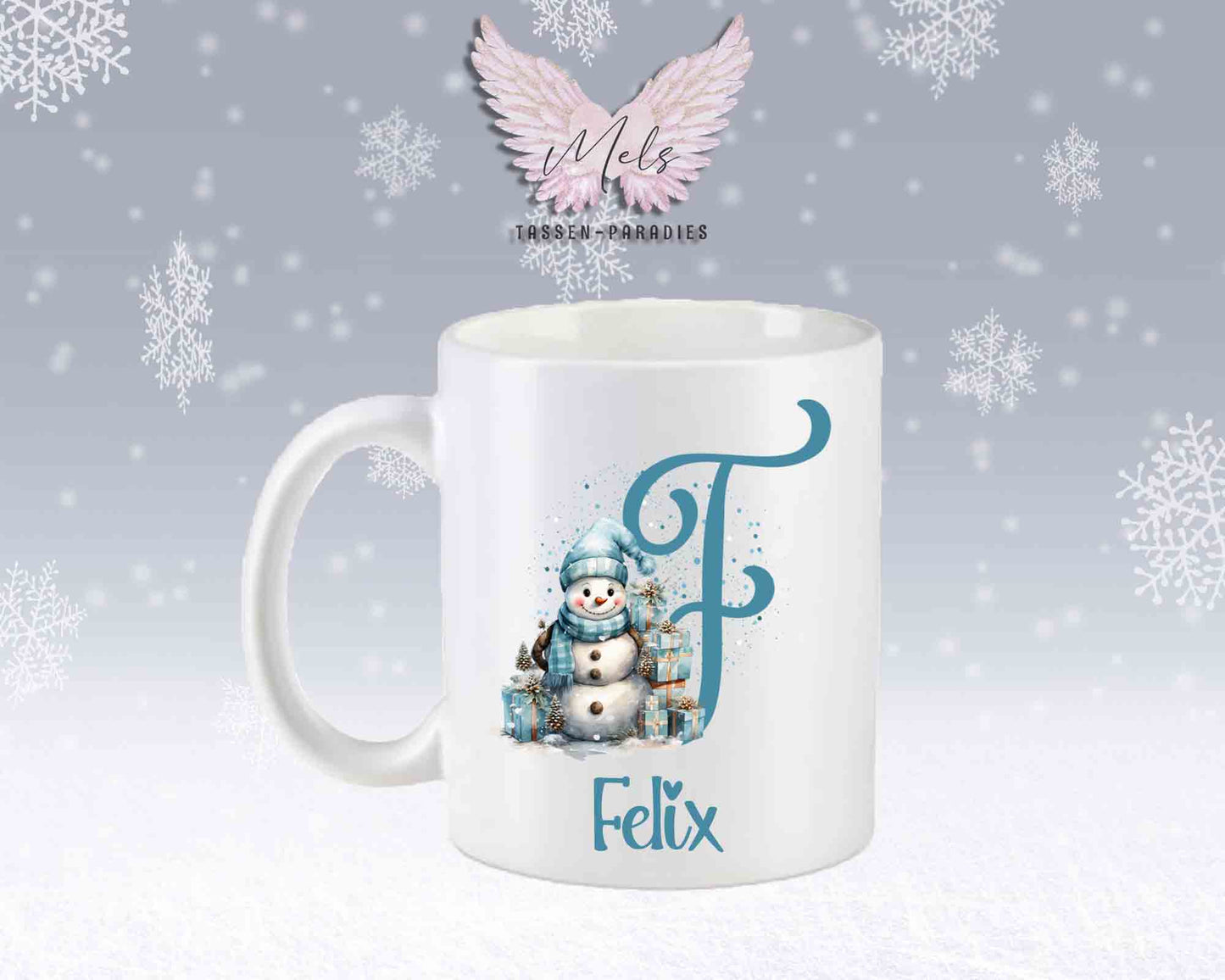 Schneemann Türkis-Alphabet mit Name - Personalisierte Keramik-Tasse Weiß-Matt