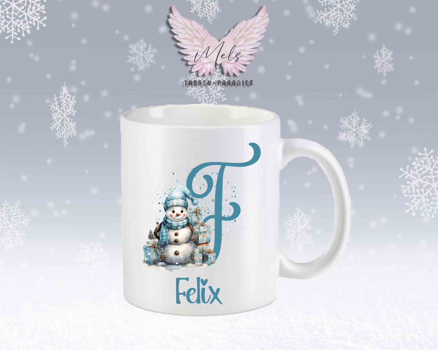 Schneemann Türkis-Alphabet mit Name - Personalisierte Keramik-Tasse Weiß-Matt