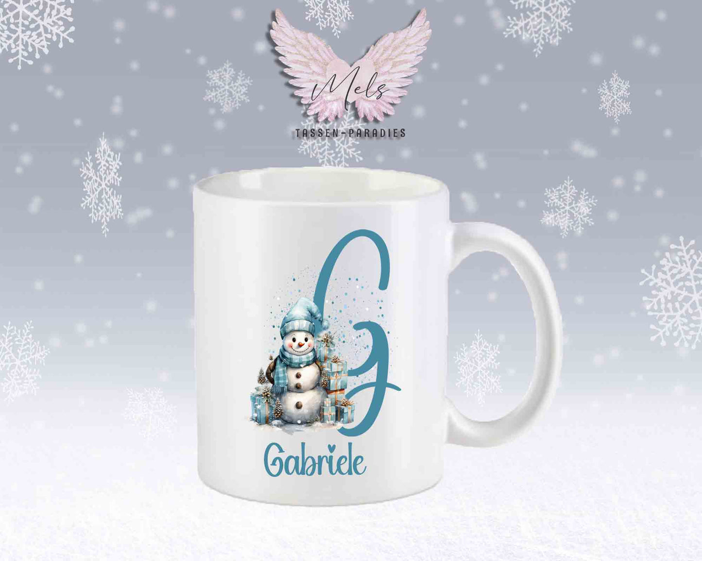 Schneemann Türkis-Alphabet mit Name - Personalisierte Keramik-Tasse Weiß-Matt