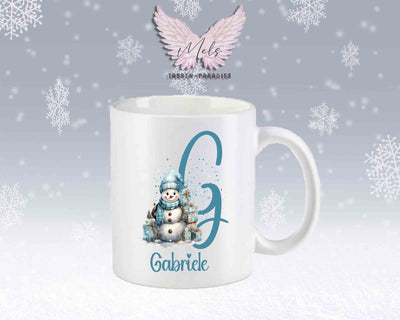 Schneemann Türkis-Alphabet mit Name - Personalisierte Keramik-Tasse Weiß-Matt