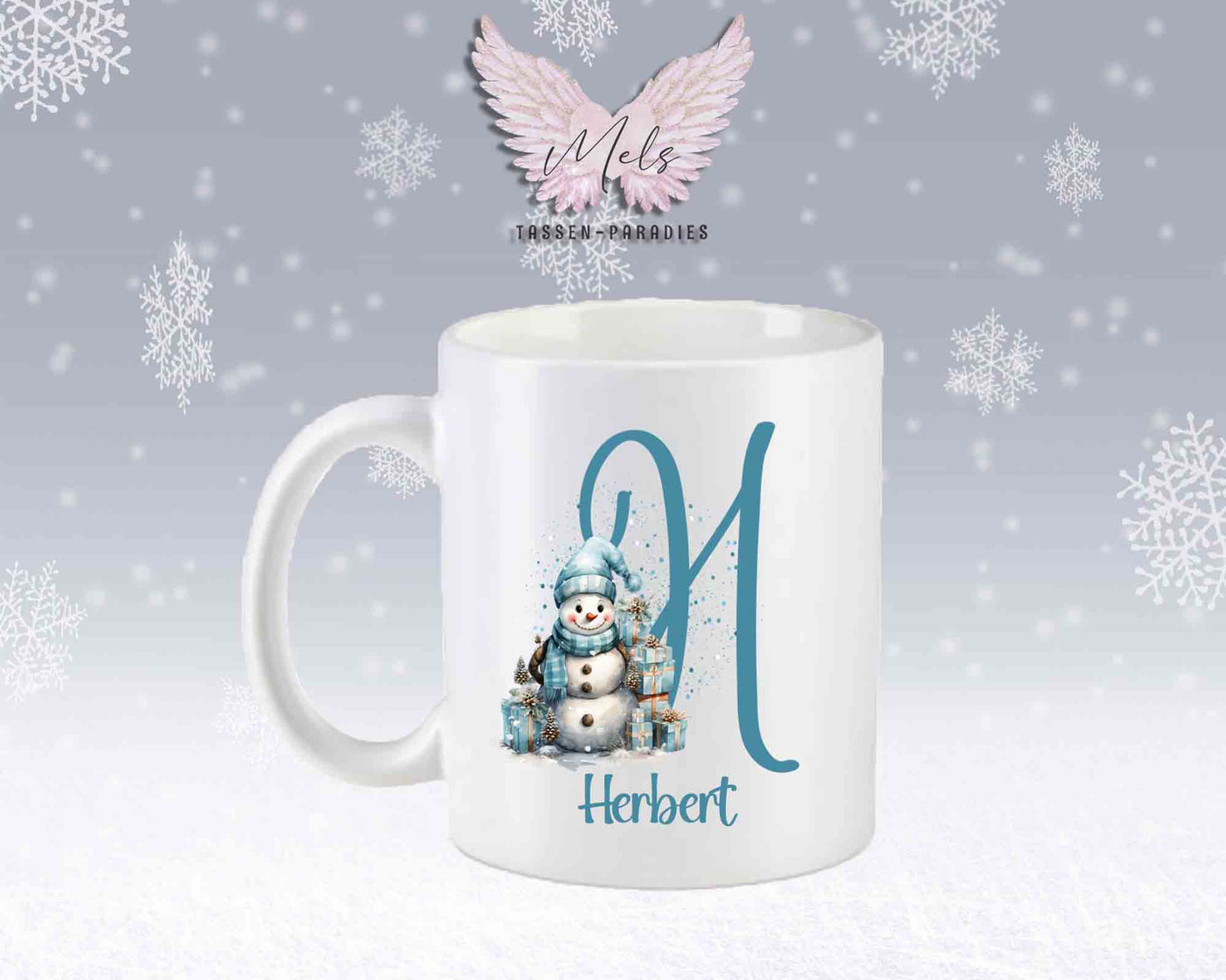 Schneemann Türkis-Alphabet mit Name - Personalisierte Keramik-Tasse Weiß-Matt