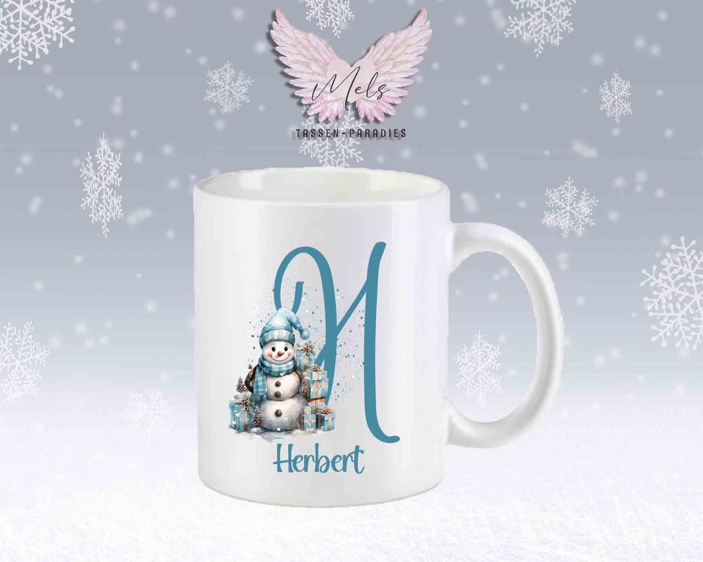 Schneemann Türkis-Alphabet mit Name - Personalisierte Keramik-Tasse Weiß-Matt