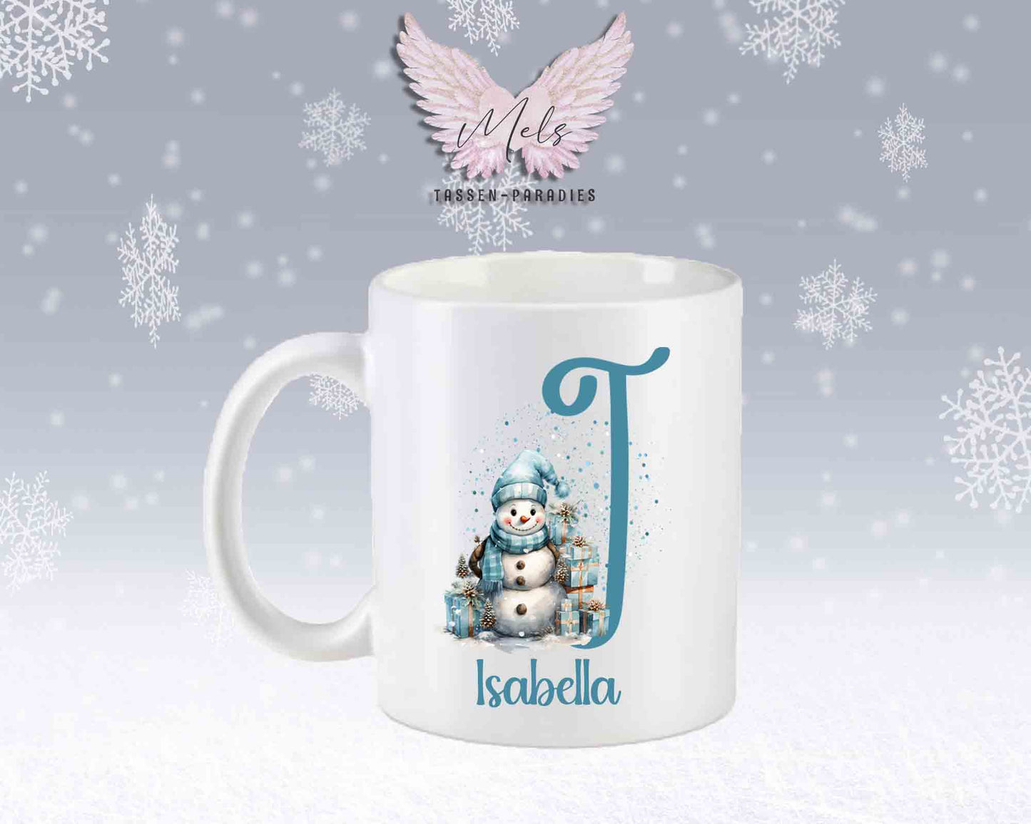 Schneemann Türkis-Alphabet mit Name - Personalisierte Keramik-Tasse Weiß-Matt