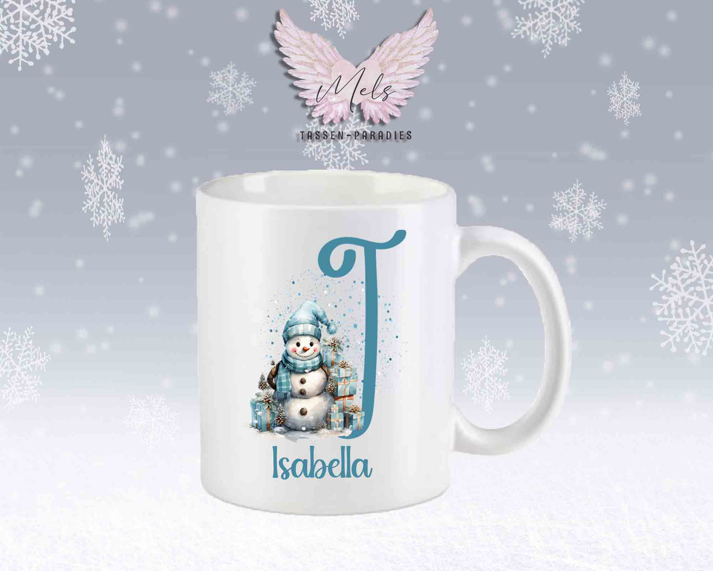 Schneemann Türkis-Alphabet mit Name - Personalisierte Keramik-Tasse Weiß-Matt