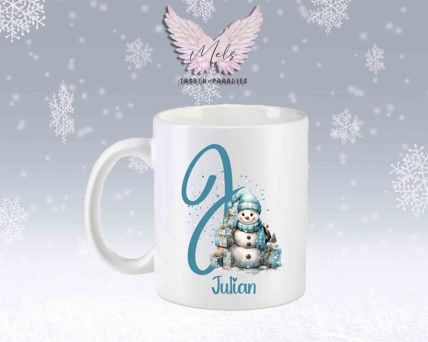 Schneemann Türkis-Alphabet mit Name - Personalisierte Keramik-Tasse Weiß-Matt