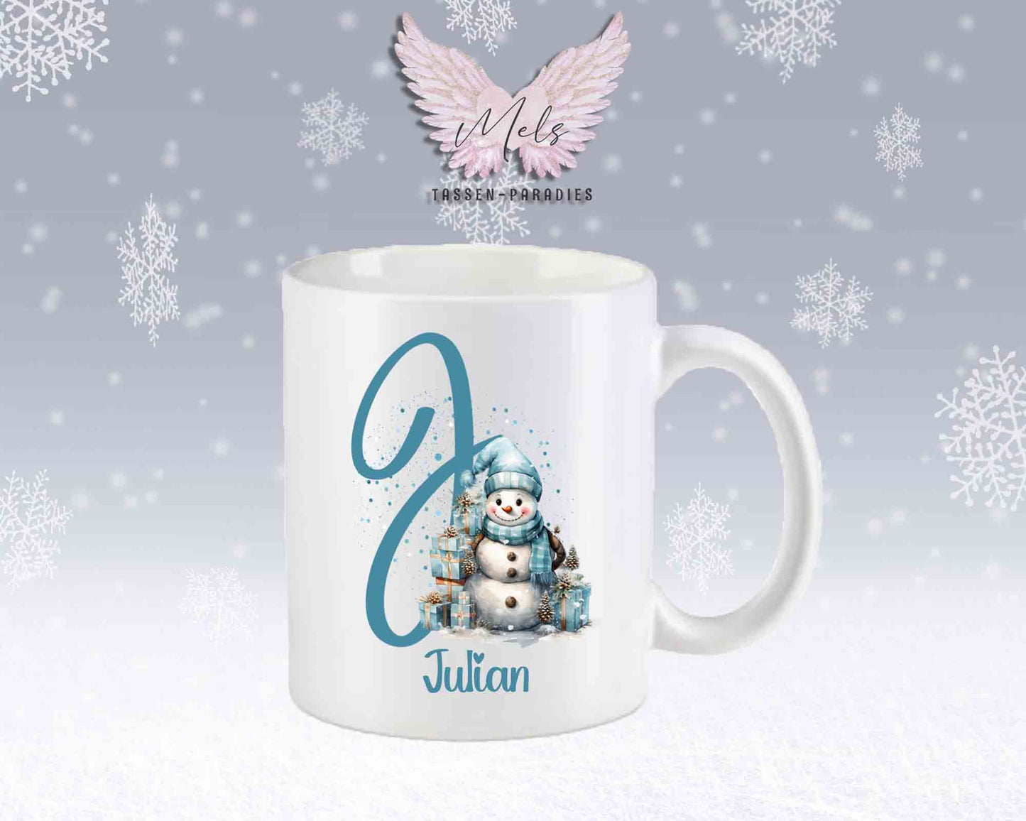 Schneemann Türkis-Alphabet mit Name - Personalisierte Keramik-Tasse Weiß-Matt