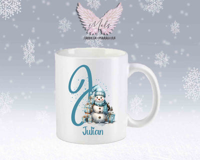 Schneemann Türkis-Alphabet mit Name - Personalisierte Keramik-Tasse Weiß-Matt