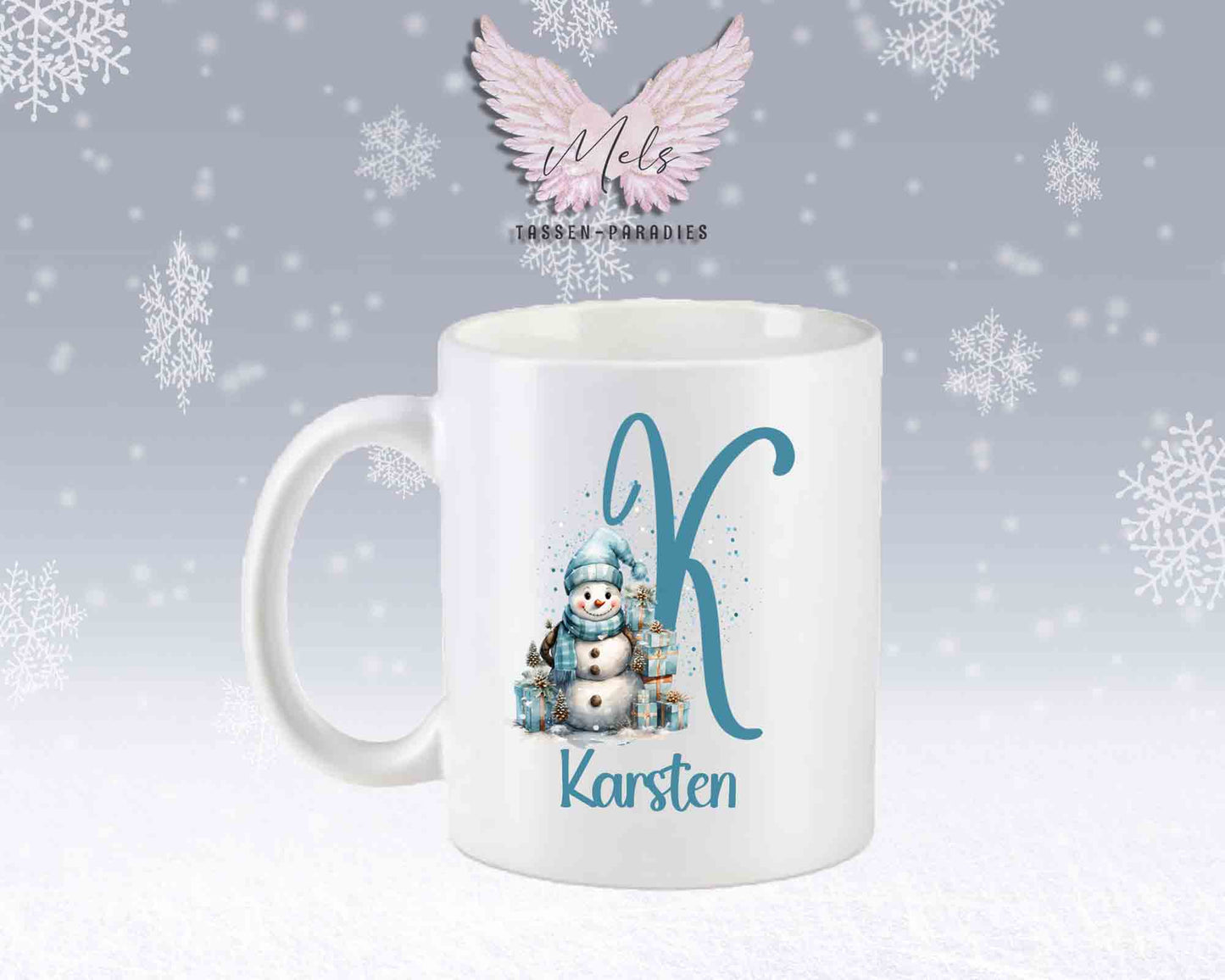 Schneemann Türkis-Alphabet mit Name - Personalisierte Keramik-Tasse Weiß-Matt