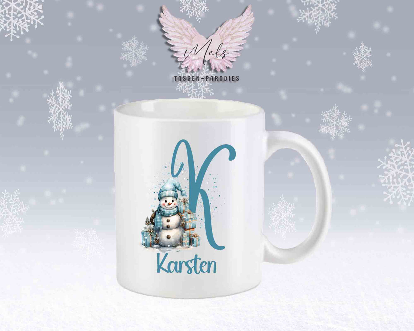 Schneemann Türkis-Alphabet mit Name - Personalisierte Keramik-Tasse Weiß-Matt