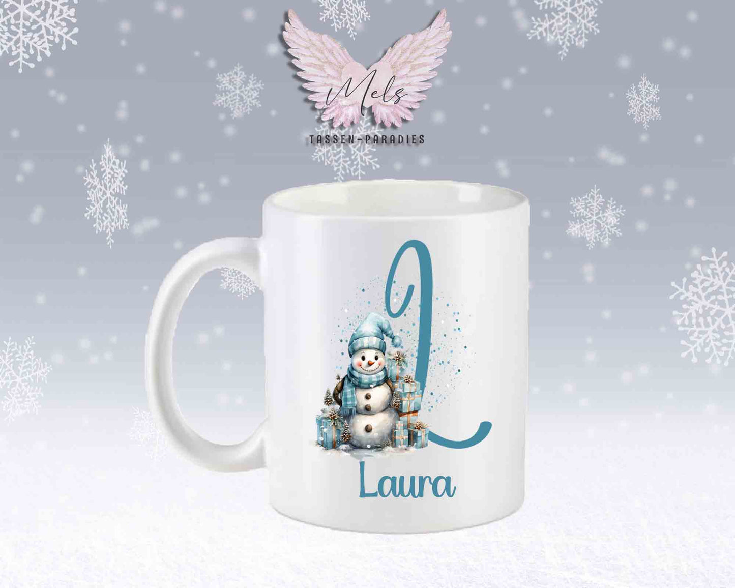 Schneemann Türkis-Alphabet mit Name - Personalisierte Keramik-Tasse Weiß-Matt