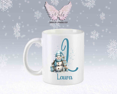 Schneemann Türkis-Alphabet mit Name - Personalisierte Keramik-Tasse Weiß-Matt