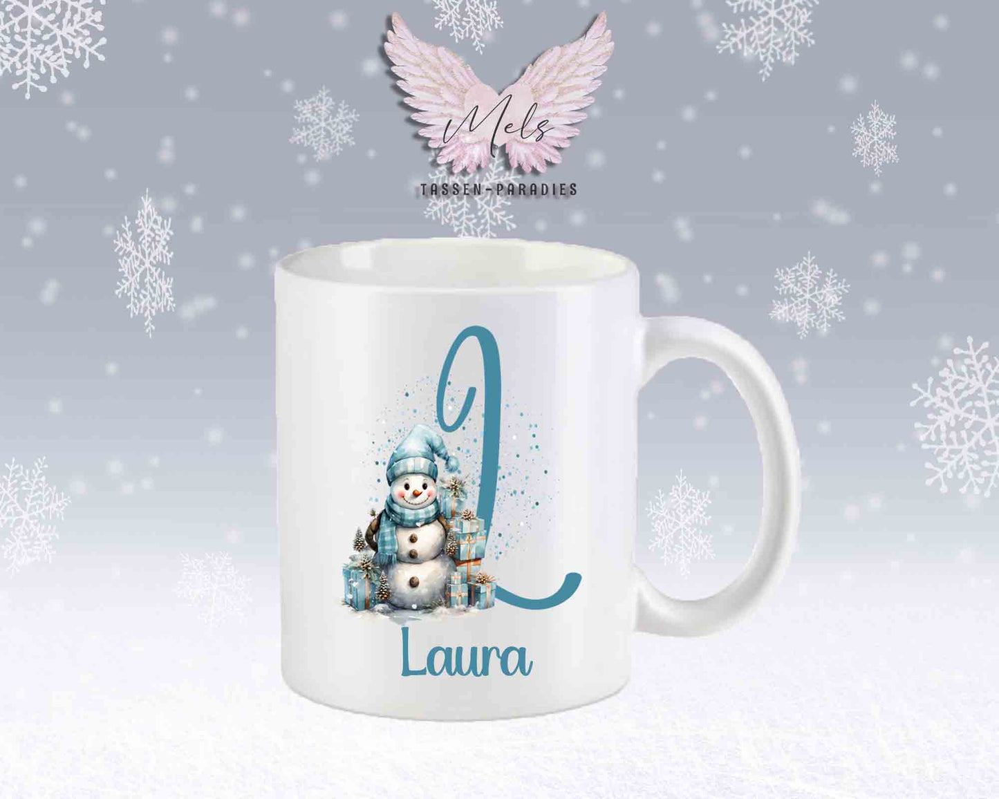 Schneemann Türkis-Alphabet mit Name - Personalisierte Keramik-Tasse Weiß-Matt