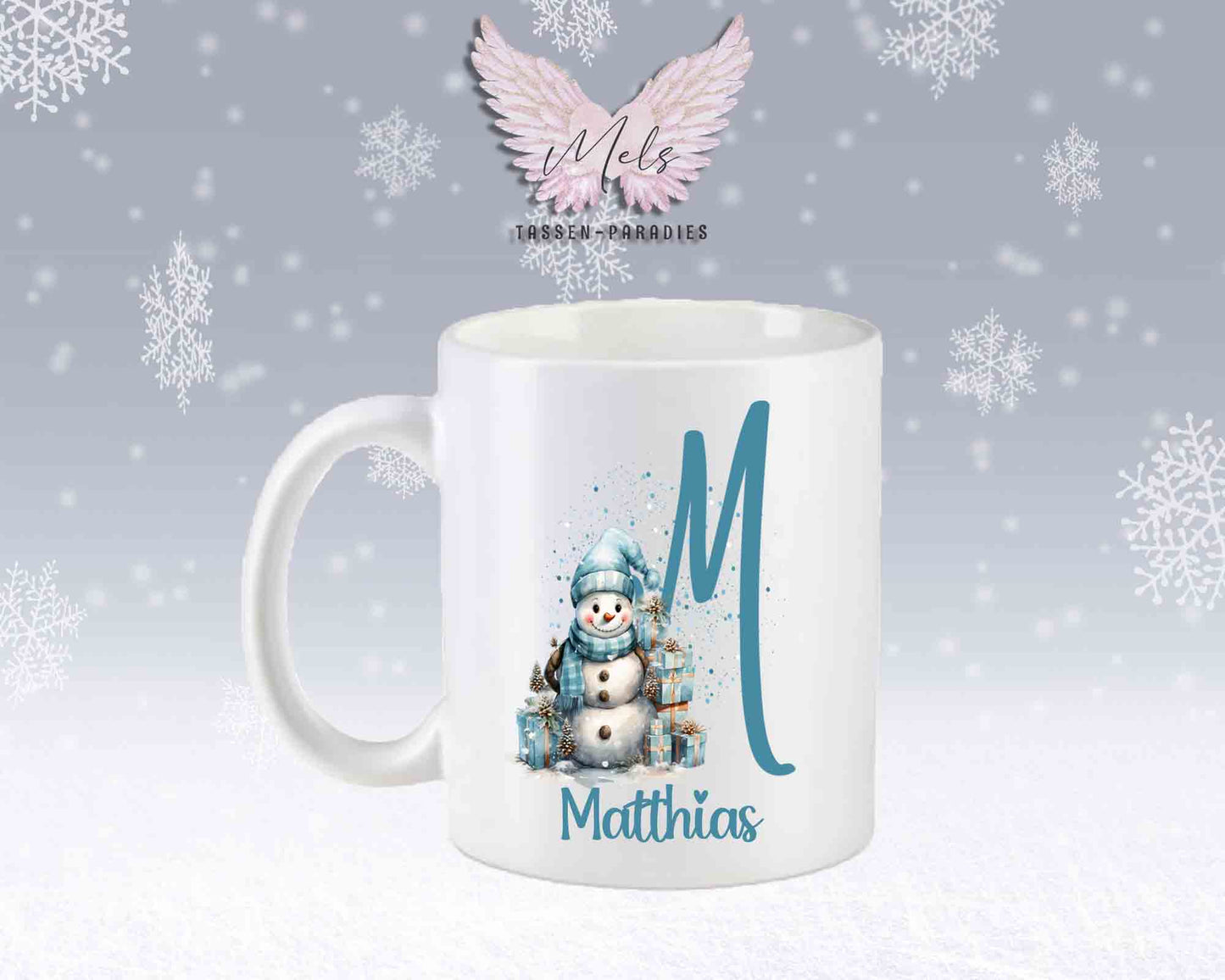 Schneemann Türkis-Alphabet mit Name - Personalisierte Keramik-Tasse Weiß-Matt