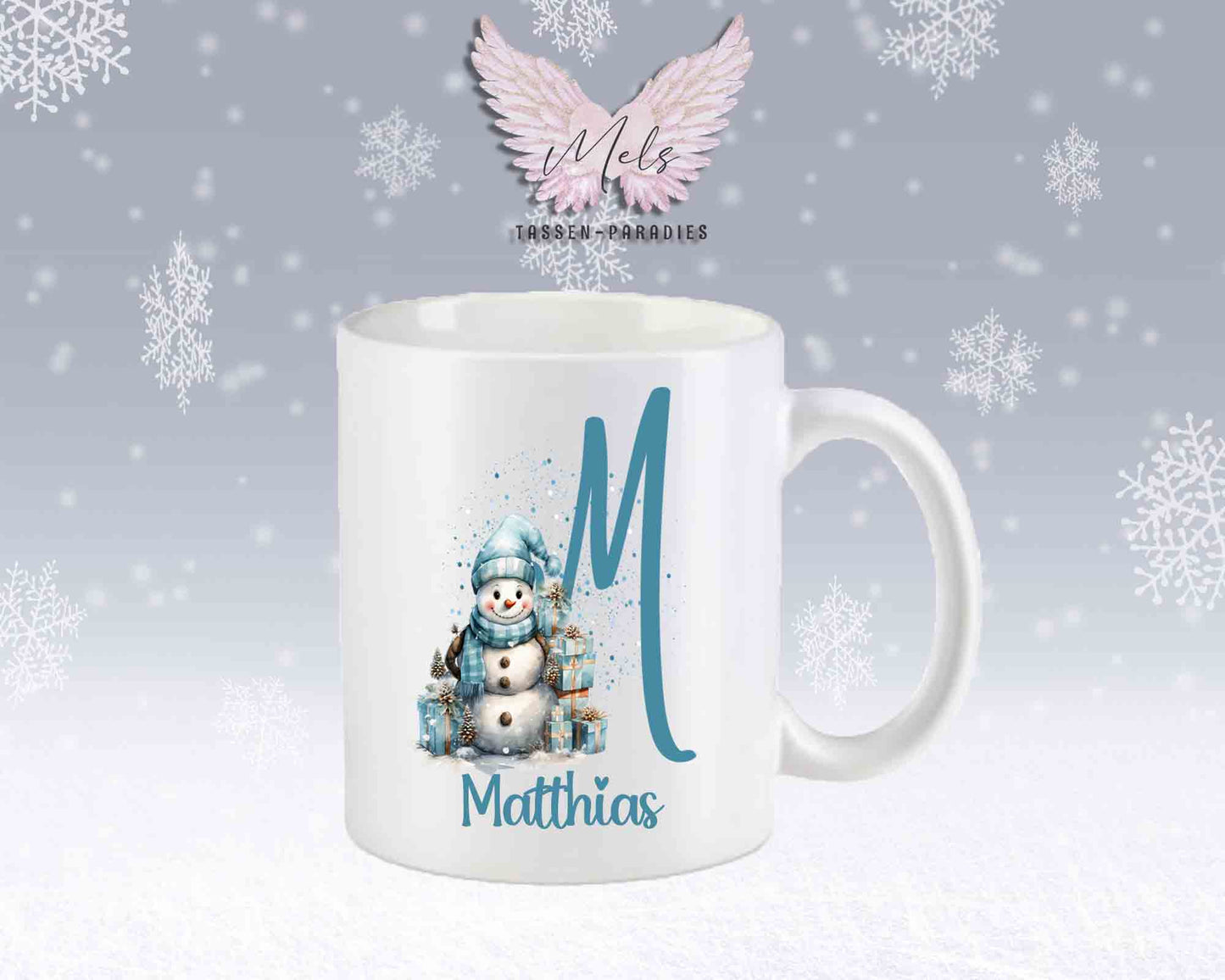 Schneemann Türkis-Alphabet mit Name - Personalisierte Keramik-Tasse Weiß-Matt