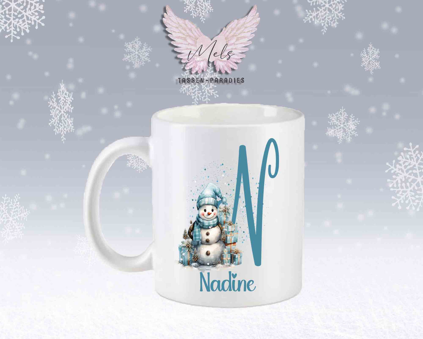 Schneemann Türkis-Alphabet mit Name - Personalisierte Keramik-Tasse Weiß-Matt