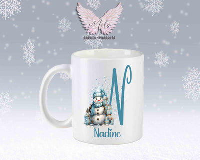 Schneemann Türkis-Alphabet mit Name - Personalisierte Keramik-Tasse Weiß-Matt