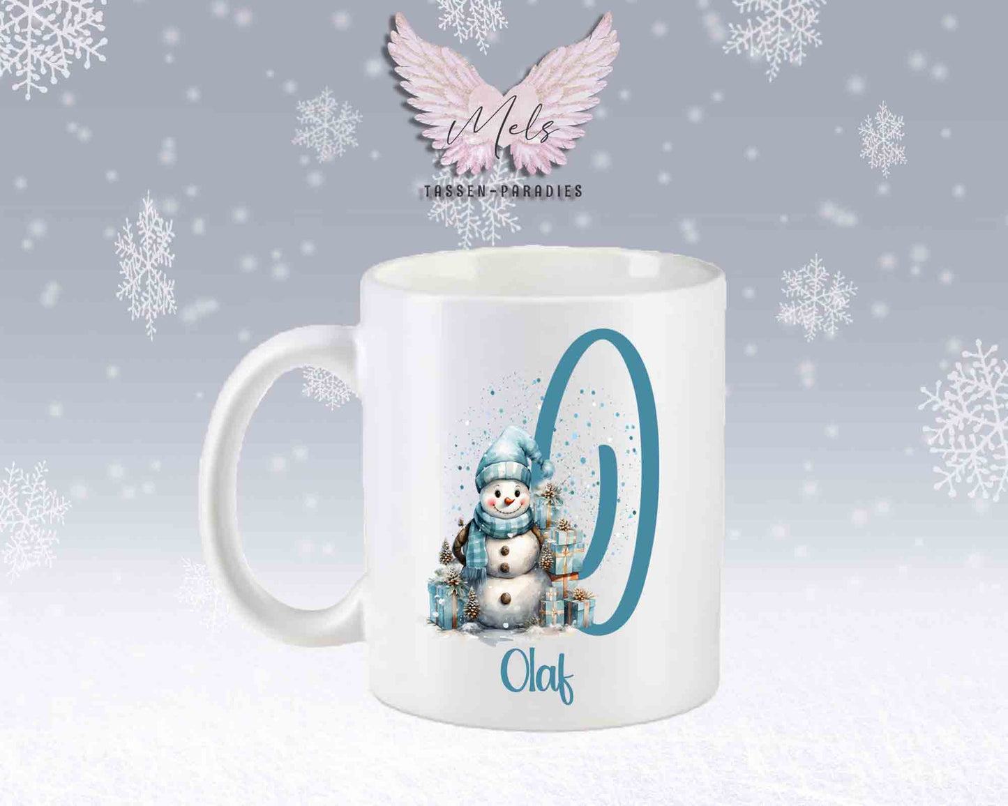 Schneemann Türkis-Alphabet mit Name - Personalisierte Keramik-Tasse Weiß-Matt