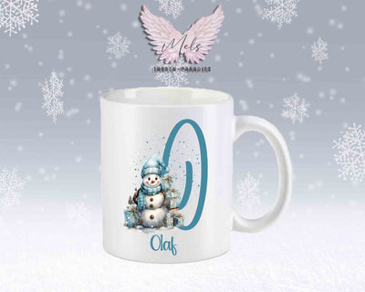 Schneemann Türkis-Alphabet mit Name - Personalisierte Keramik-Tasse Weiß-Matt