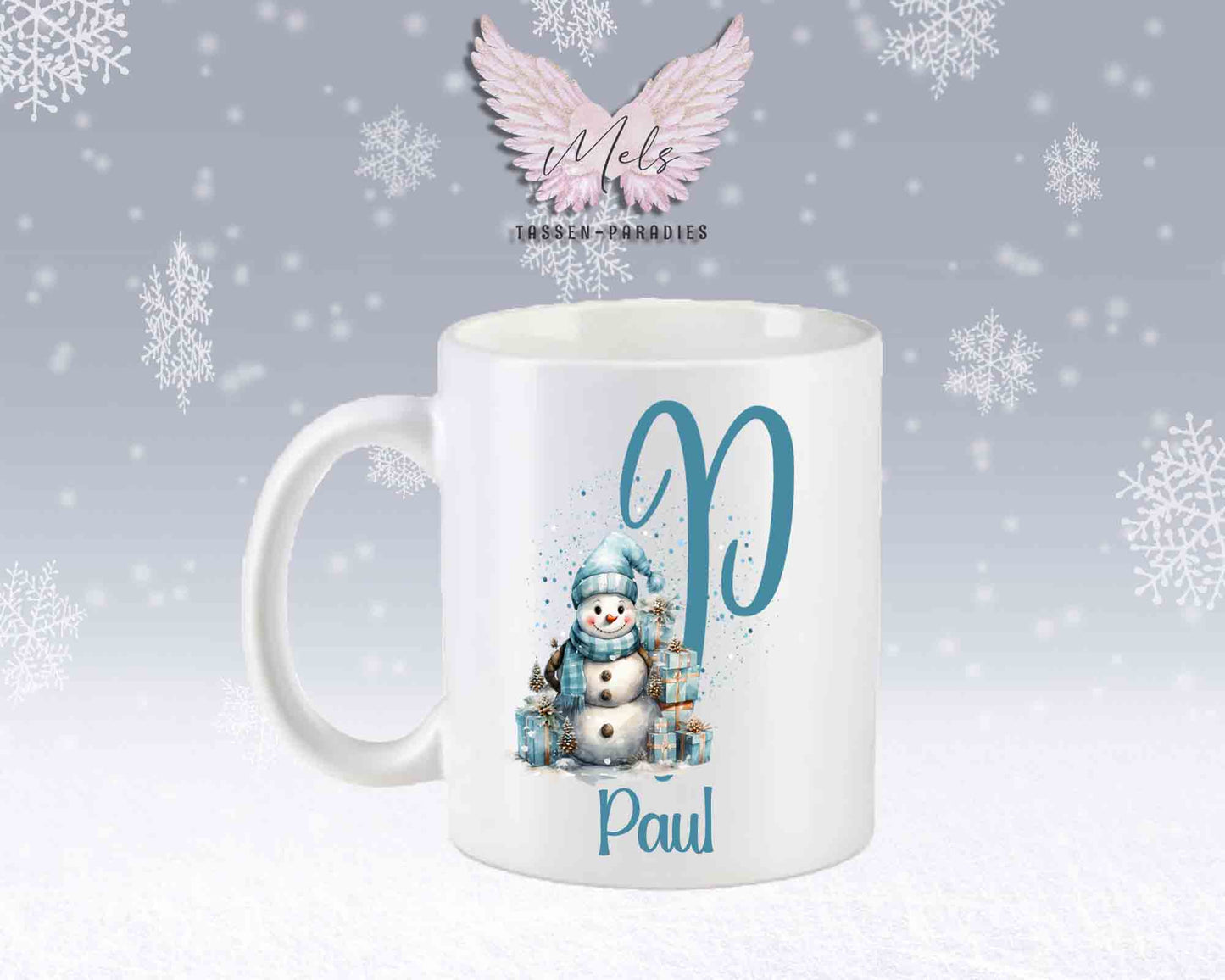 Schneemann Türkis-Alphabet mit Name - Personalisierte Keramik-Tasse Weiß-Matt